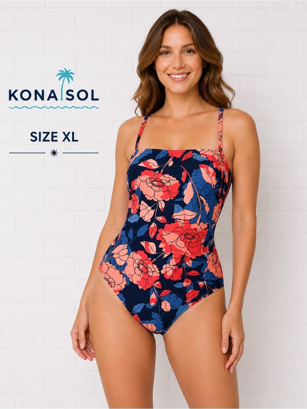 Kona Sol Floral One-Piece Swimsuit summer preppy Women's size XL